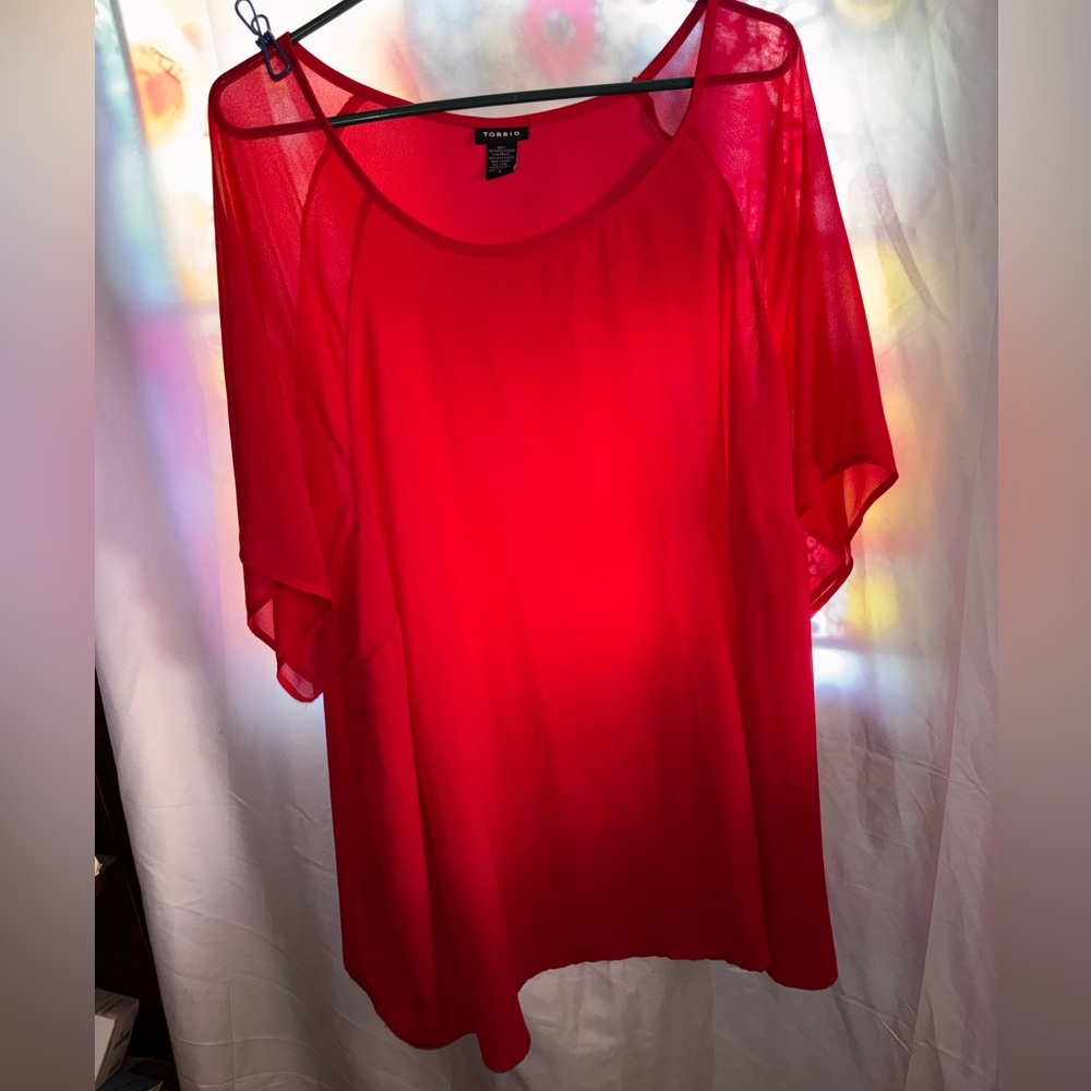 Torrid Red Short Sleeve Sheer Overlay Top